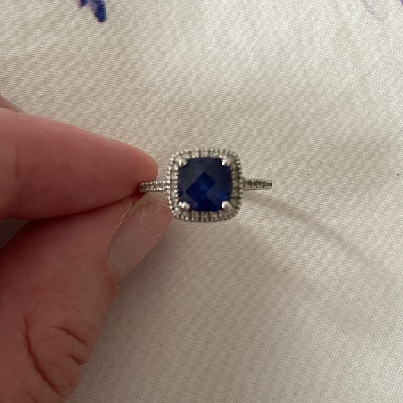 10k White Gold Lab-Created Sapphire & 1/5 Carat T.W. Diamond Cushion Halo Ring - Picture 3 of 8